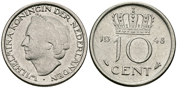 Нидерланды 10 центов 1948 Вильгельмина (1895-1948) KM 177 никель 96-526