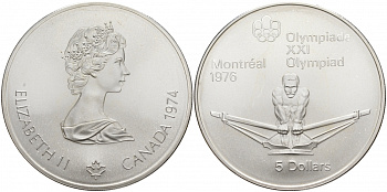 Канада 5 долларов 1974 XXI летние Олимпийские игры в Монреале 1976 года, гребля KM 91 серебро UNC 1091-3-11