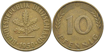 ФРГ 10 ПФЕННИГОВ 1950 D KM 108, J. 383 сталь плакированная латунью 117-227