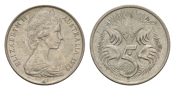 Австралия 5 центов 1979 Елизавета II (1952-2022) молодой портрет, ехидна KM 64 медно-никель 4655-1266