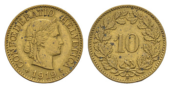 Швейцария 10 раппенов 1919 B KM 27a латунь 1518-831