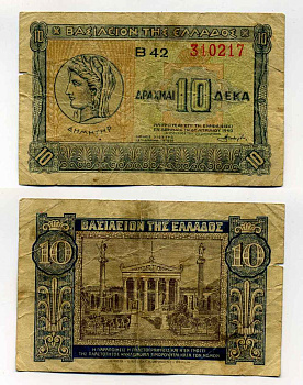 ГРЕЦИЯ 10 ДРАХМ 1940 Pick 314 бумага 8589-41-4-1