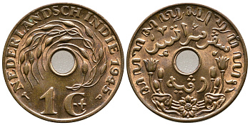 Нидерландская Восточная Индия 1 цент 1945 р, Вильгельмина (1890-1948) KM 317 бронза UNC 4610-943