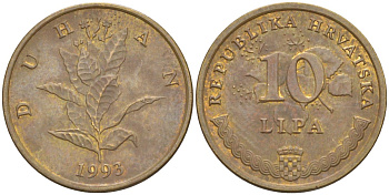 Хорватия 10 лип 1993 табак обыкновенный, легенда на хорватском KM 6 сталь плакированная латунью 186-421