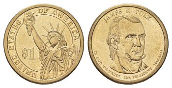 США 1 доллар 2009 P, Президент США - Джеймс Нокс Полк (1845-1849) KM 452 медь с марганцево-латунным покрытием UNC 4629-246