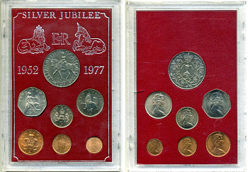 Великобритания набор из 7 монет 1977 25 лет правления Елизаветы (1952-1977), в пластиковой упаковке UNC 3-6-3-24
