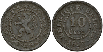 Бельгия 10 сантимов 1917 германская оккупация Первая мировая война, Альберт I (1910-1934) KM 81 цинк 4161-312