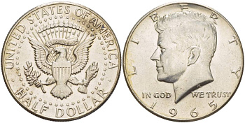 США 1/2 доллара (50 центов) 1965 Джон Кеннеди KM 202а серебро 00-00
