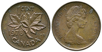Канада 1 цент 1978 Елизавета II (1952-2022), кленовый лист KM 59.1 бронза 46-1915