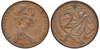 Австралия 2 цента 1976 Елизавета II (1952-2022), плащеносная ящерица (FRILLED LIZARD)  KM 63 бронза 4556-1035