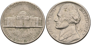 США 5 центов 1972 D, Джеферсон КМ А192 медно-никель 4573-143