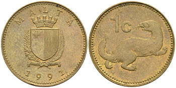 Мальта 1 цент 1991 ласка, горностай KM 93 никель латунь 4585-1161