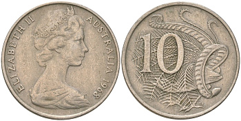 Австралия 10 центов 1968 Елизавета II (1952-2022), птица лирахвост KM 65 медно-никель 4622-245