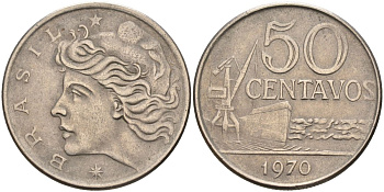 Бразилия 50 сентаво 1970 голова свободы влево KM 580а медно-никель 4126-623
