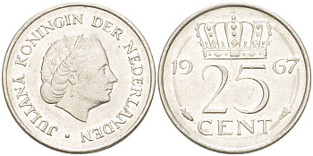 НИДЕРЛАНДЫ 25 ЦЕНТОВ 1967 ЮЛИАНА (1948-1980) KM 183 никель 214-948