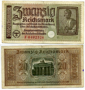 ГЕРМАНИЯ 20 РЕЙХСМАРОК 1940-1945 ДЛЯ ОККУПИРОВАННЫХ ТЕРРИТОРИЙ Pick R139 бумага 3295-65-3