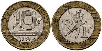 Франция 10 франков 1989 тип гений Бастилии KM 964.1, Le Franc 375.3 биметалл 4138-325