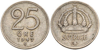 Швеция 25 эре 1947 TS, Густав V (1907-1950) KM 816 серебро 4147-969