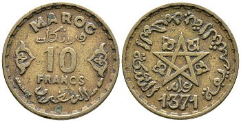 Марокко 10 франков 1952 АН1371, Мухаммед V (1346-1381) (1927-1962), французский протекторат KM 49 алюминиевая бронза 4549-643