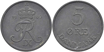Дания 5 эре 1960 C; S, Фредерик IX (1947-1972) KM 843.2 цинк 38-416