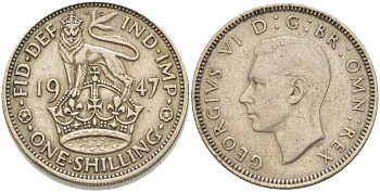 Великобритания 1 шиллинг 1947 Георг VI (1936-1952), Английский герб KM 863, Spink 4103 медно-никель 212-854