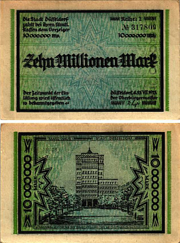 ДЮССЕЛЬДОРФ 10000000 МАРОК 1923 НОТГЕЛЬД, 25 АВГУСТА 1923, ЗЕМЛЯ СЕВЕРНЫЙ РЕЙН-ВЕСТФАЛИЯ, REIHE 2 Keller 1150t бумага 6318-36-2-2