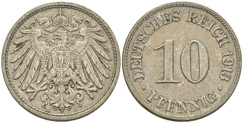 ГЕРМАНИЯ 10 ПФЕННИГОВ 1913 D KM 12, J. 13, Weege 8 медно-никель 212-233