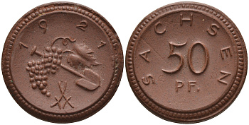Саксония 50 пфеннигов 1921 виноград и лопата J. N 54 фарфор 1094-5-12