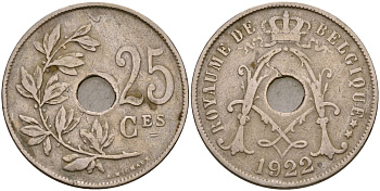 Бельгия 25 сантимов 1922 KM 68 медно-никель 4165-422