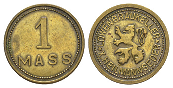 Германия жетон 1 литра пива ND L?wenbr?ukeller X. Heilmannseder Men18 22122.8 латунь 4638-153