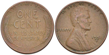 США 1 ЦЕНТ 1951 D, ЛИНКОЛЬН KM А132 медь цинк 3309-566