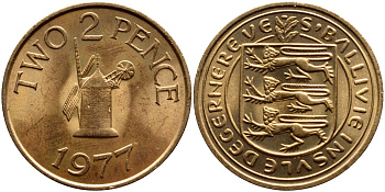 Гернси 2 пенса 1977 ветряная мельница KM 28 бронза UNC 53-922