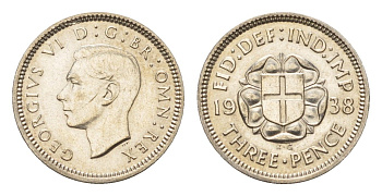 Великобритания 3 пенса 1938 Георг VI (1936-1952) KM 848, Spink 4085 серебро 4567-146