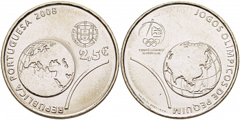 Португалия 2 1/2 евро 2008 XXIX Летние Олимпийские игры 2008 года в Пекине, земной шар KM 790 медно-никель UNC 04-092-22