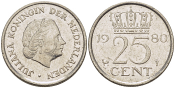 НИДЕРЛАНДЫ 25 ЦЕНТОВ 1980 ЮЛИАНА KM 183 никель 4392-515