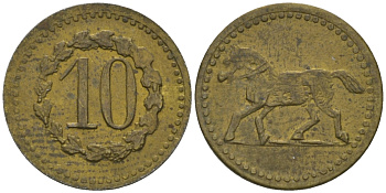 ФРАНЦИЯ 10 САНТИМОВ ND ПЛАТЕЖНЫЙ ЖЕТОН НАЧАЛА XX ВЕКА, НА АВЕРСЕ ЦИФРЫ НОМИНАЛА В ВЕНКЕ, РЕВЕРС ЛОШАДЬ ВЛЕВО, ДИАМЕТР 15 ММ. латунь 99-539