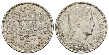 Латвия 5 латов 1929 девушка KM 9 серебро 443-832