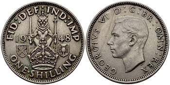 Великобритания 1 шиллинг 1948 Георг VI (1936-1952), Шотландский герб KM 864, Spink 4104 медно-никель 80-642
