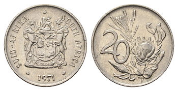 ЮАР 20 центов 1971 герб, цветок протея KM 86 никель 4693-657
