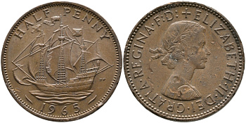 Великобритания 1/2 пенни 1965 Елизавета II (1952-2022) KM 896, Spink 4158 бронза 65-924