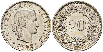 Швейцария 20 раппенов 1962 B KM 29a медно-никель    4161-651