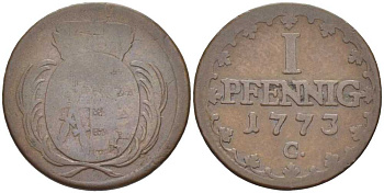 САКСОНИЯ 1 ПФЕННИГ 1773 С, ФРИДРИХ АВГУСТ III (1763-1806) KM 1000 (С91) медь 206-347