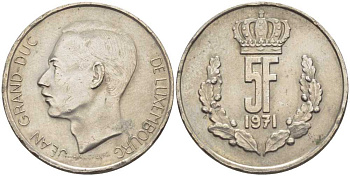Люксембург 5 франков 1971 Великий герцог Жан (1964-2000) KM 56 медно-никель 4402-242