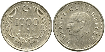 Турция 1000 лир 1990 Кемаль Ататюрк KM 997 медь никель цинк 4541-455