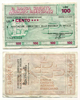 Италия чек на 100 лир 1976 Banca credito agrario Brescia, ассоциация торговцев провинции Brescia, 13 декабря 1976 бумага 8588-17-2-1