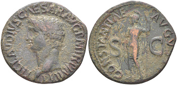 Римская Империя асс 41 - 50 Клавдий, голова императора, TI CLAVDIVS CAESAR AVG P M TR P IMP P P / Констанция, персонификация Постоянства, CONSTANTIAE AVGVSTI SC, Рим RIC 111 бронза 1073-5-8-5