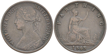 Великобритания 1 фартинг 1868 Виктория (1837-1901) KM 747.2, Spink 3958 бронза 4543-851