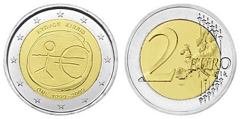 Кипр 2 евро 2009 10 лет монетарной политике ЕС и введению евро KM 89 биметалл  UNC  M11-12