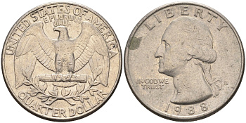 США 25 центов = квотер 1988 D, Вашингтон KM A164a медь плакированная медно-никелем 4592-223