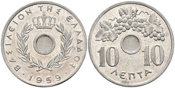 Греция 10 лепта 1959 Павел I (1947-1964), виноградная лоза KM 78 алюминий 4591-913